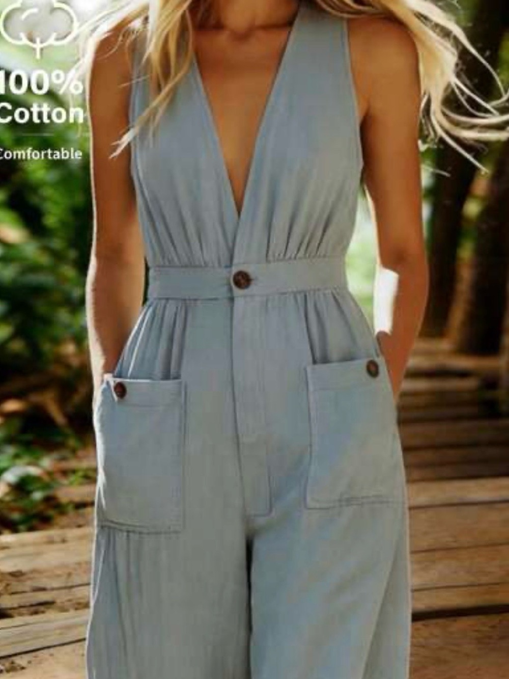 SHEIN Light Blue Sleeveless V-Neck Cotton Utility Jumpsuit